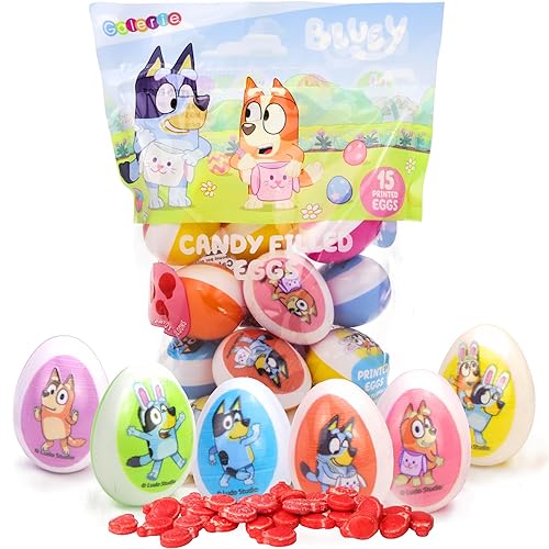 Galerie Huevos de Pascua con temática de Bluey, bolsas de dulces duros rojos en el interior, ideales para caza de huevos, 2.47 onzas, 15 unidades