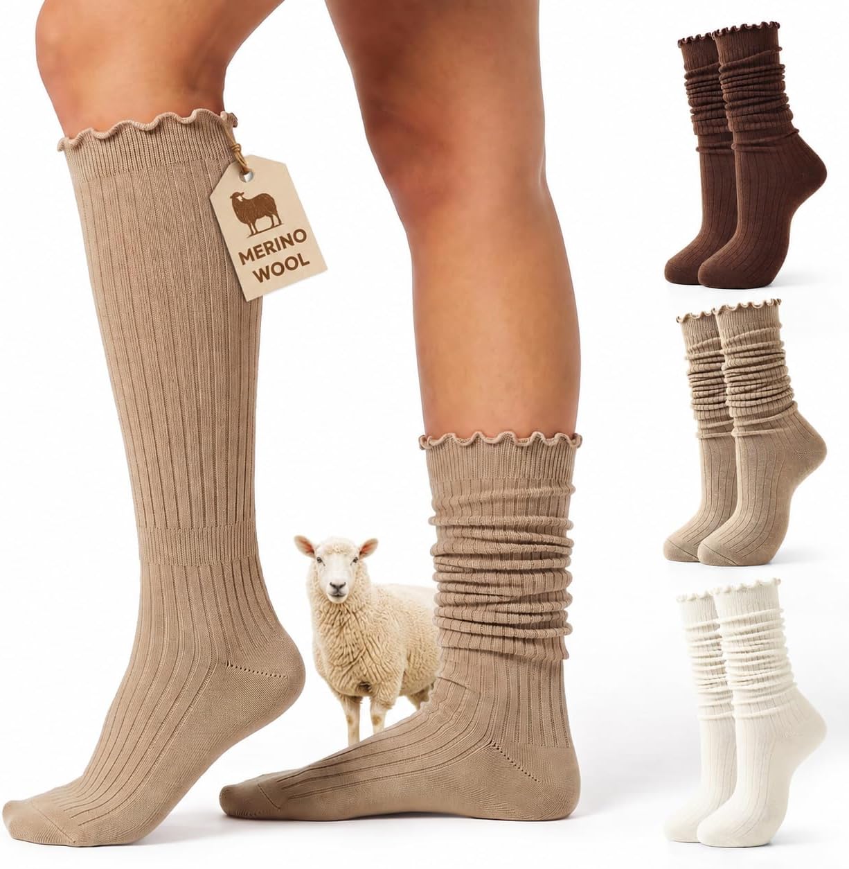 Jeasona 3 Pairs Women’s Wool Ruffle Knee High Slouch Long Socks