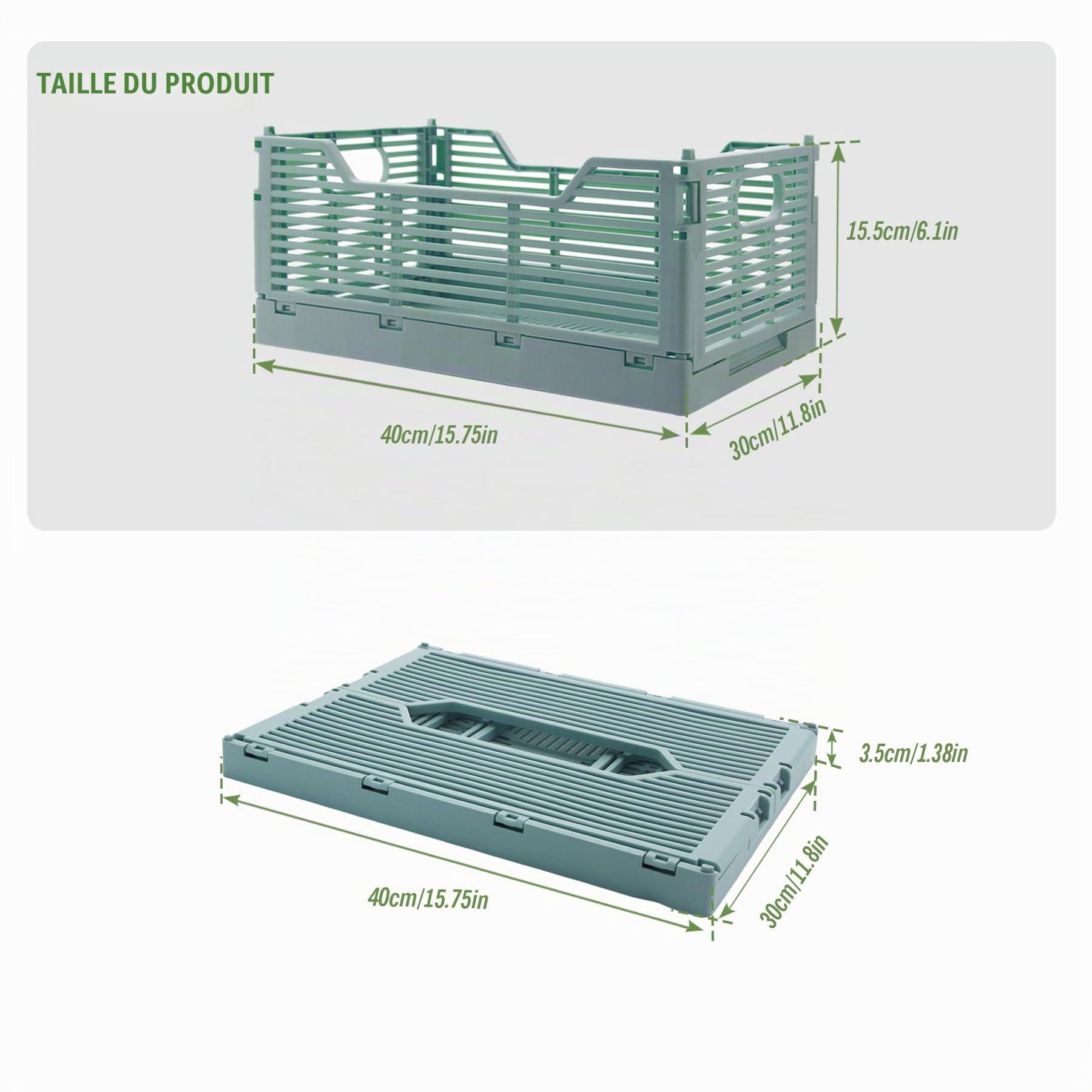 Lot de 2 boîtes de rangement pliables en plastique empilables pour la maison, la salle de classe, le bureau, la cuisine, la chambre à coucher (40 x 30 x 15,5 cm, gris)