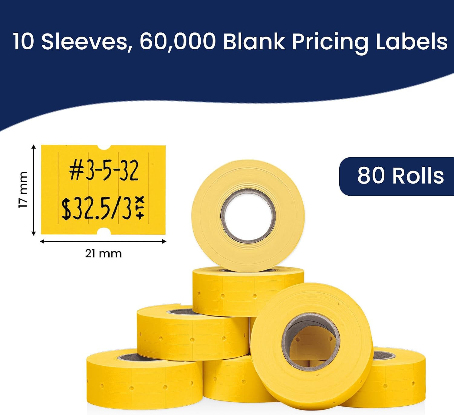 Perco 2 Line Yellow Labels - 60,000 Blank Price and Date Gun Labels for Perco 2 Line Price and Date Guns - 80 Rolls, 10 Sleeves - Made in USA