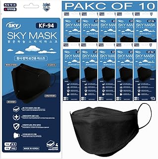 (Pack of 10) SKY Black KF94 Face Mask, Unisex Adult SIZE, Premium Individual Pack 4-Layer, Disposable KF94 Mask, Women, Made in Korea.