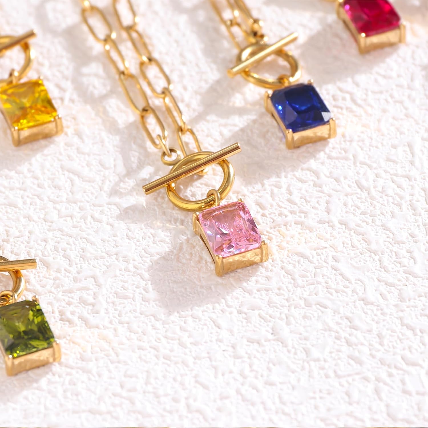 18K Gold Plated Gemstone Paperclip Toggle Necklace Heart Round Teardrop Emerald Cut Jewelry Gift for Her