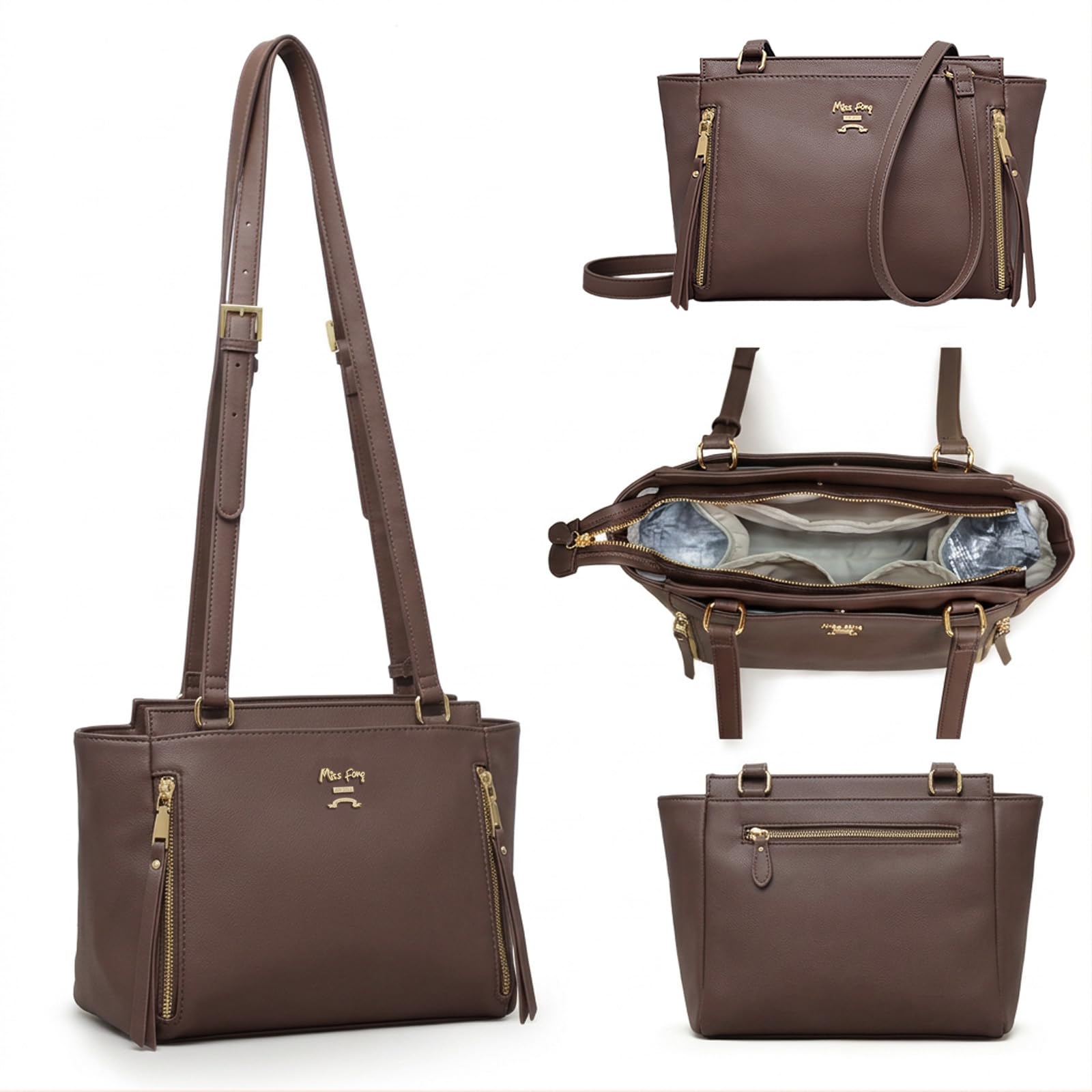 miss fong Small Diaper Bag Crossbody Diaper Bags Crossbody Bags for Women | Leather Diaper Bag Purse 2xInsulated Pockets Diaper Clutch Crossbody Bag Dark Brown