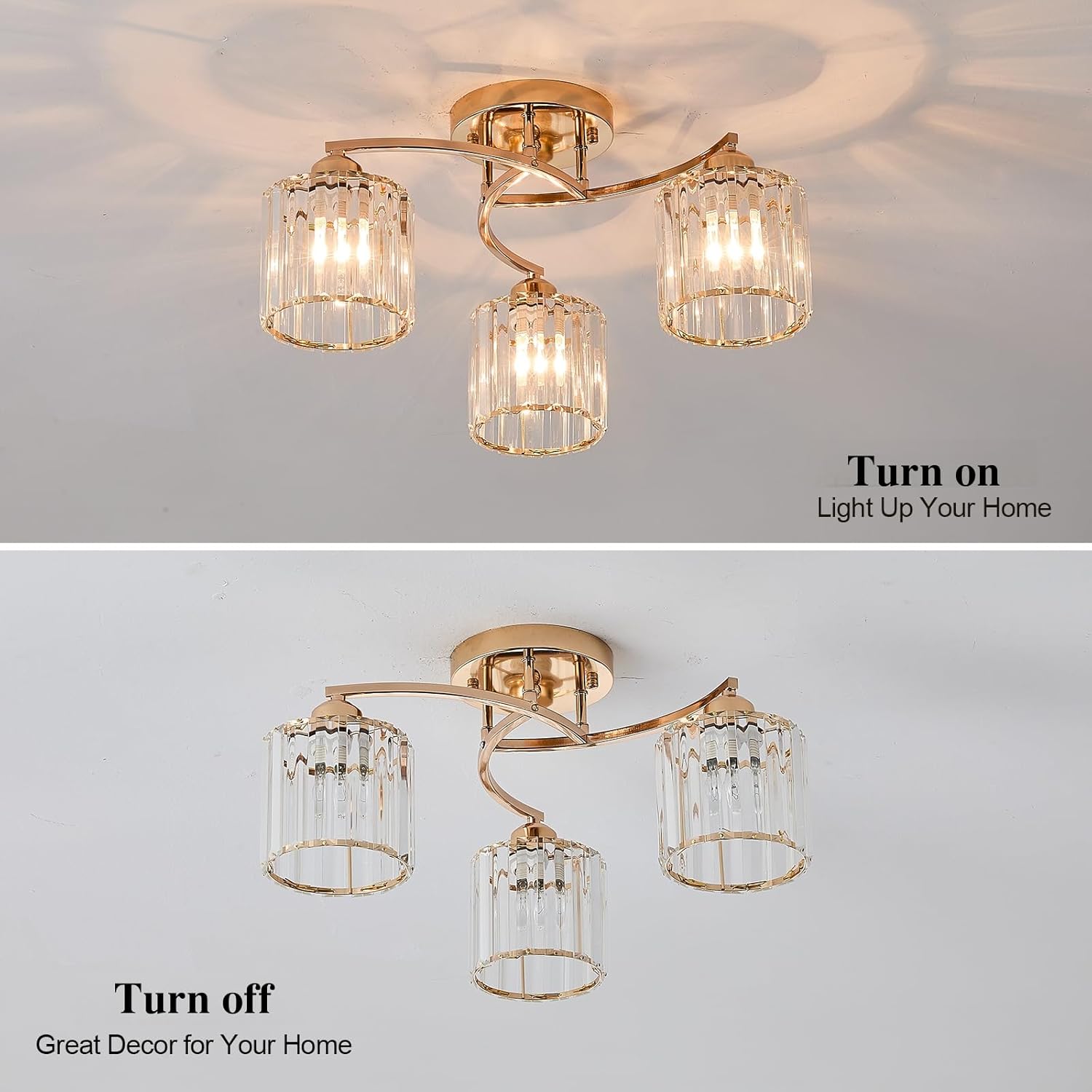Golden Crystal Chandelier, 3 Lights Ceiling Light, Modern Lighting Fixture for Living Room,Dining Room,Bedroom