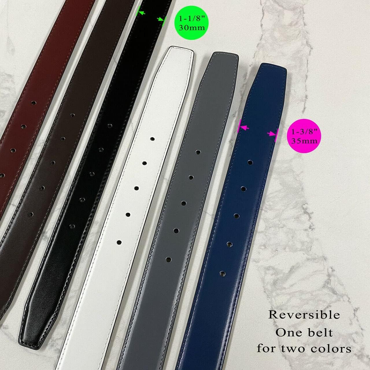 Reversible Dress Belt Strap Replacement Genuine Leather 1-1/8"(30mm) & 1-3/8"(35mm) Wide image 5