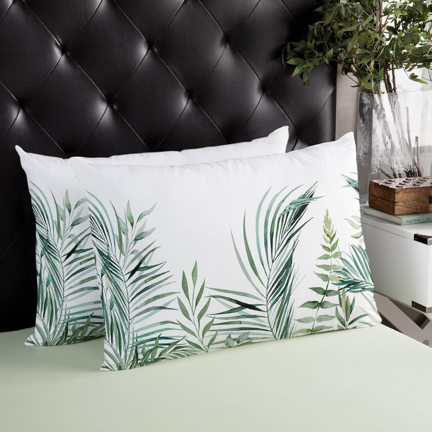 Outdoor Waterproof Throw Pillows Tropical Palm Leaves White Patio Pillows Pack of 2,Decorative Pillow Covers with Insert,Pillow Cushion Case for Garden Couch Sofa Pastoral Green Leaf Plant