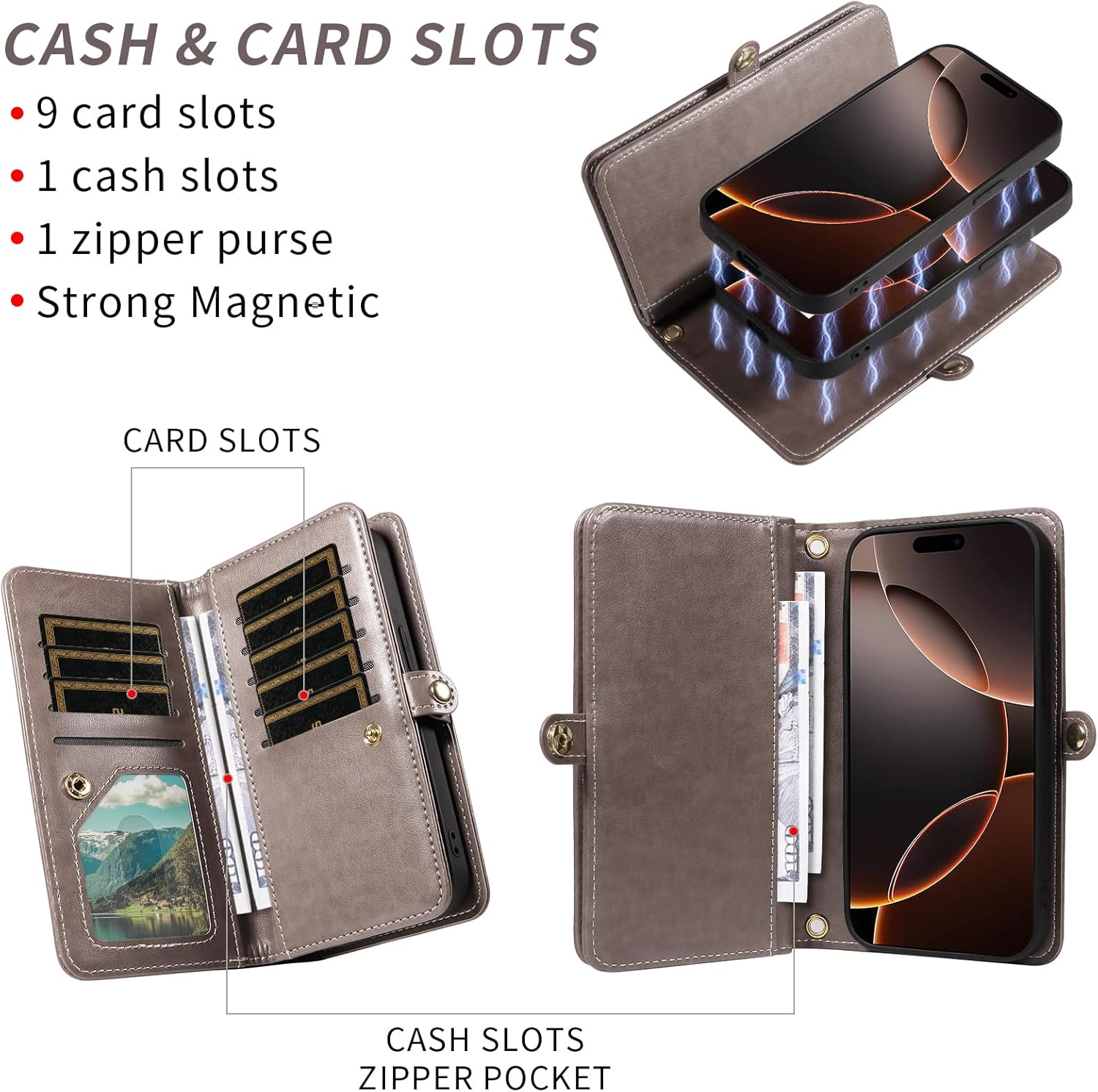 Asuwish Phone Case for iPhone 16 Pro 6.3 inch Zipper Wallet Magnetic Detachable Cell Cover with Tempered Glass Screen Protector Crossbody Strap Flower Credit Card Holder i Phone16 i16 16Pro Women Gray