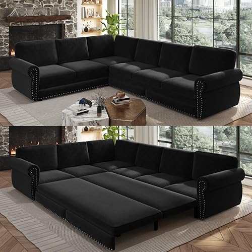 118" Sectional Sleeper Sofa with Pull Out Bed, Comfy Chenille L Shaped Convertible King Size Sleeper Couch with Nailhead Trim, Oversized Modern 6-Seater Couches for Living Room, Black