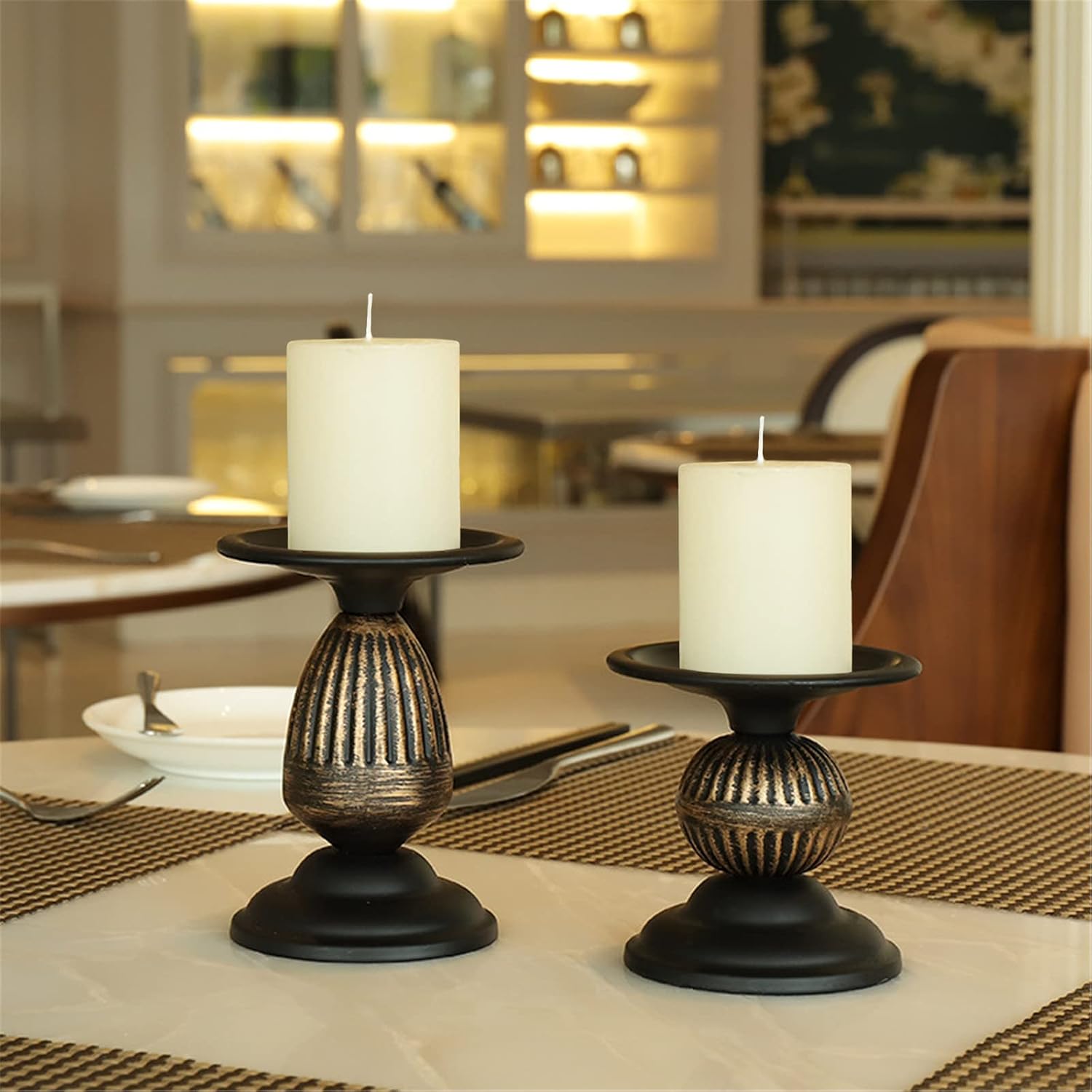 Sziqiqi Black Pillar Candle Holders Set of 3 for Halloween Table