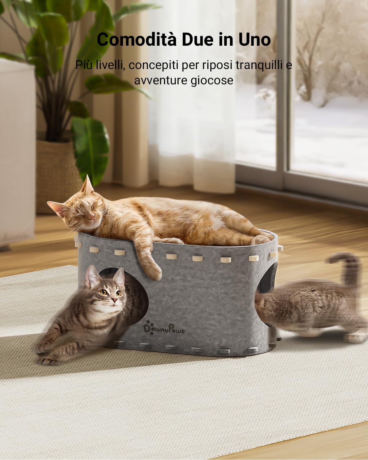 DownyPaws Cuccia Gatto in Feltro, Cuccia Gatto Interno con Doppio Foro che Combina Riposo e Gioco, Cucce per Gatti 58 x 33 x 30 cm Protezione per le Unghie, Facile da Montare e Pulire, Grigio
