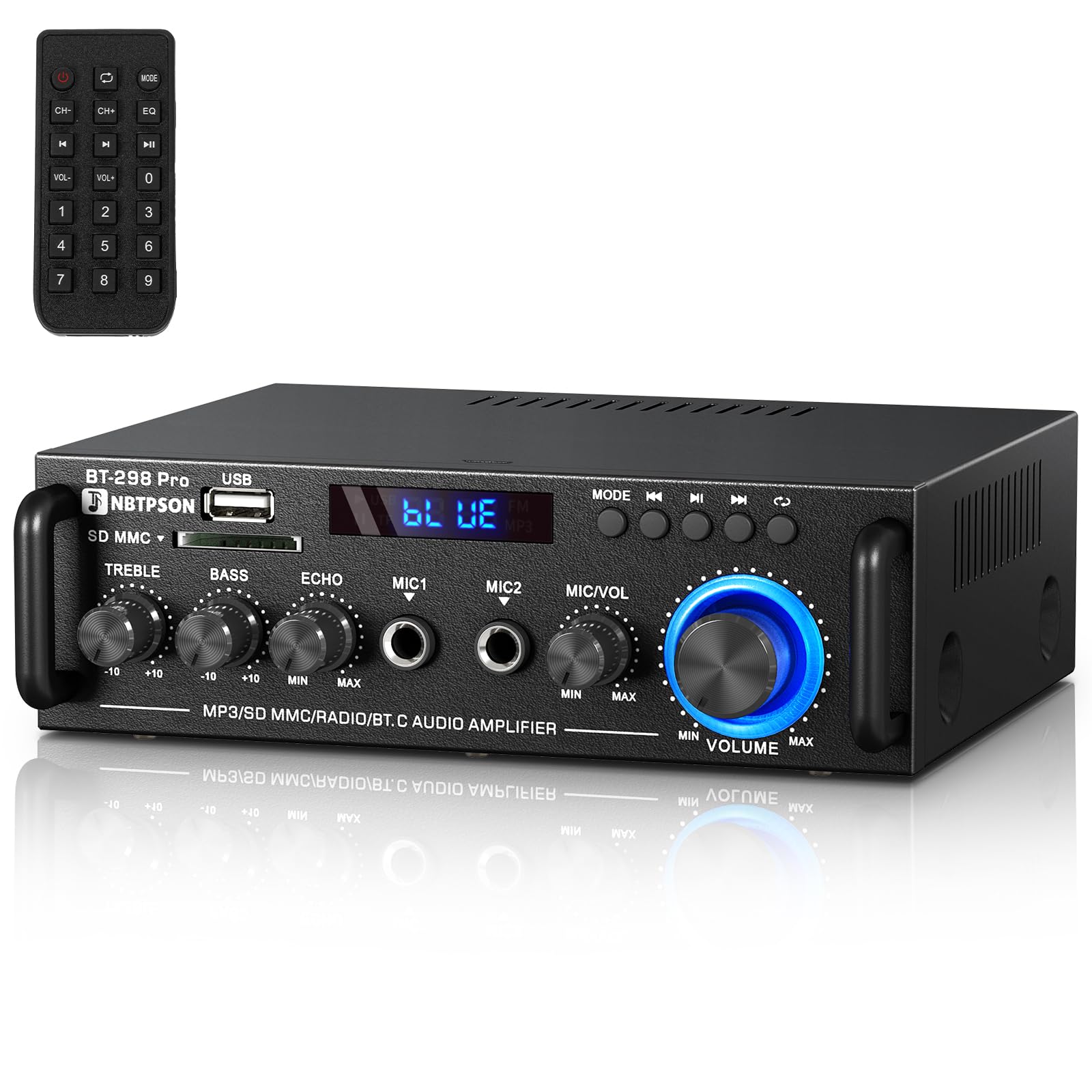 Bluetooth Stereo Receiver&amp; Amplifier2CH RMS 50W x 2 (Peak 400W) Home Audio Amp with FM Radio,USB/SD Inputs Remote Control, Wireless Power Amplifier for Karaoke,Garage &amp;Outdoor Speakers