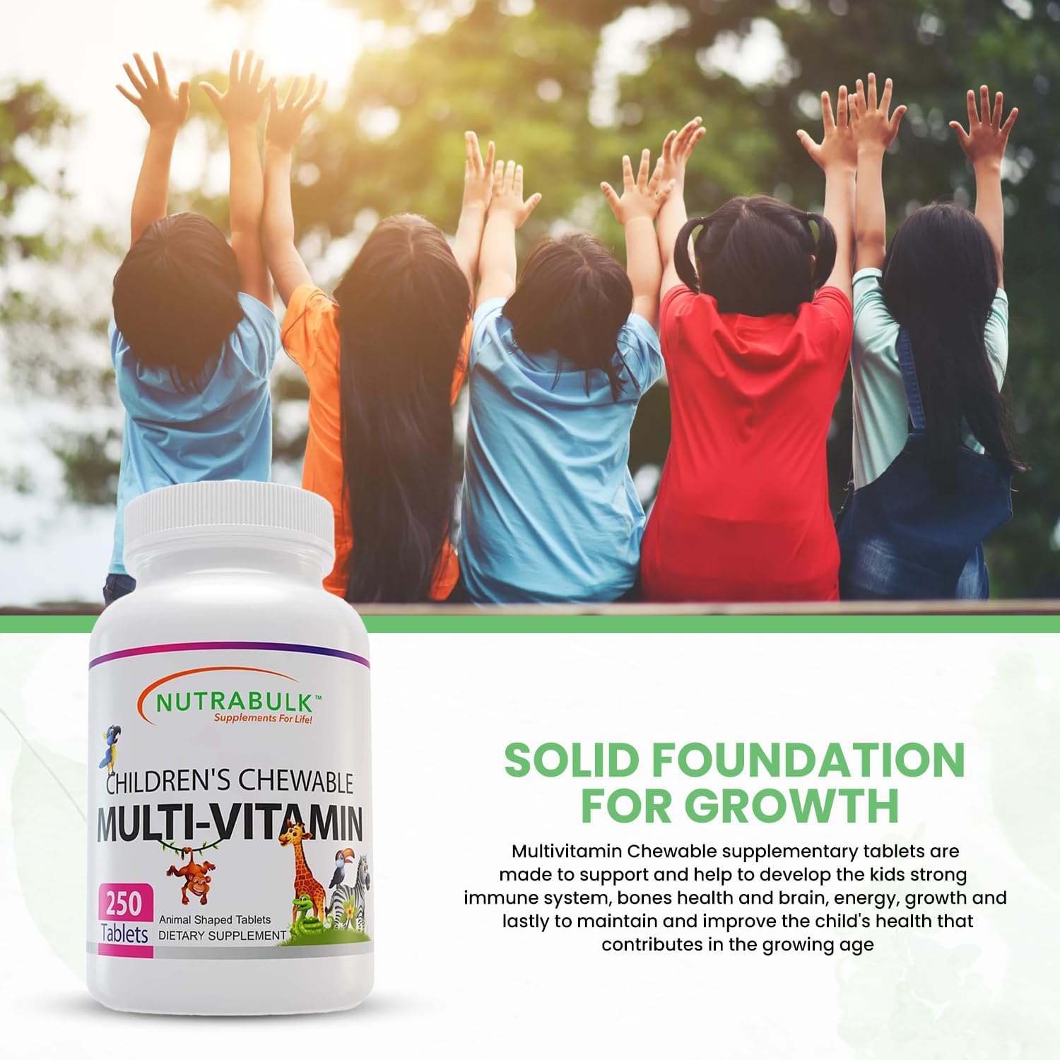 NutraBulk Children’s Chewable Multi-Vitamins - Promoting Kids' Overall Development - USA-Made, May Help to Support Immune, Bone, Brain & Overall Well Being- Vegan & Gluten Free - 250 Cherry Tablets