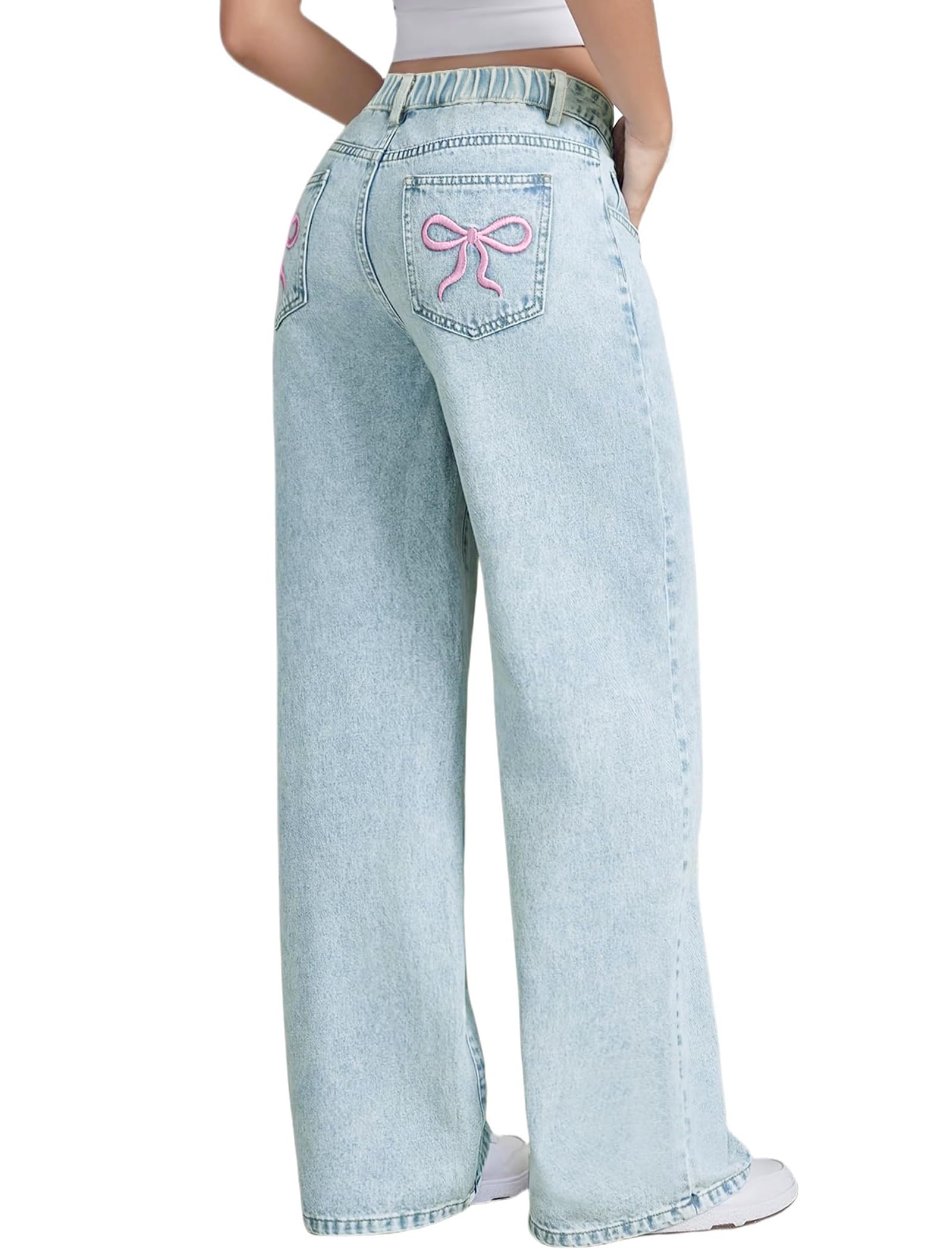 EXARUS Jeans évasés pour filles avec nœud brodé/imprimé léopard avec poches, décontracté, pour enfants de 6 à 14 ans