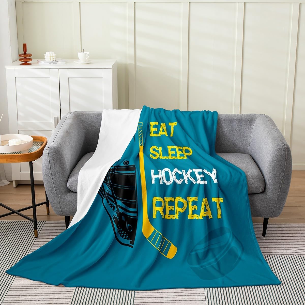 Erosebridal Queen 90x90 inch Ice Hockey Throw Blanket for Men,Eat Sleep Hockey Fleece Blanket,Blue Hockey Flannel Blanket,Grunge Winter Sports Game Bed Blanket for Bedroom