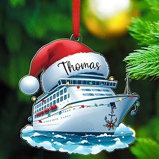 Cruise Ship Shape Acrylic Ornament Christmas 2025, Custom 2D Flat Cruise Ship Wearing Santa Hat Ornaments, Gifts for Travelers Captain Sailors, Christmas Keepsake, Personalized Name Captain Ornament