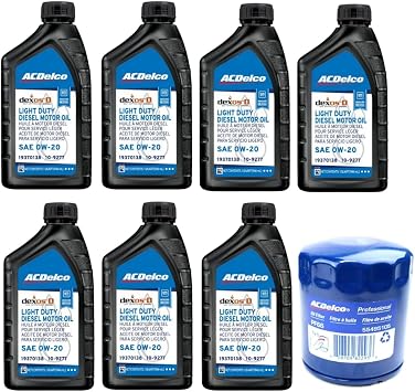ACDelco DexosD Oil Change Kit 0W-20 Light Duty Diesel Engine Oil 19370138, 10-9277 and AC Delco PF66, 55495105, 19391402 Oil Filter See Description For compatible vehicles