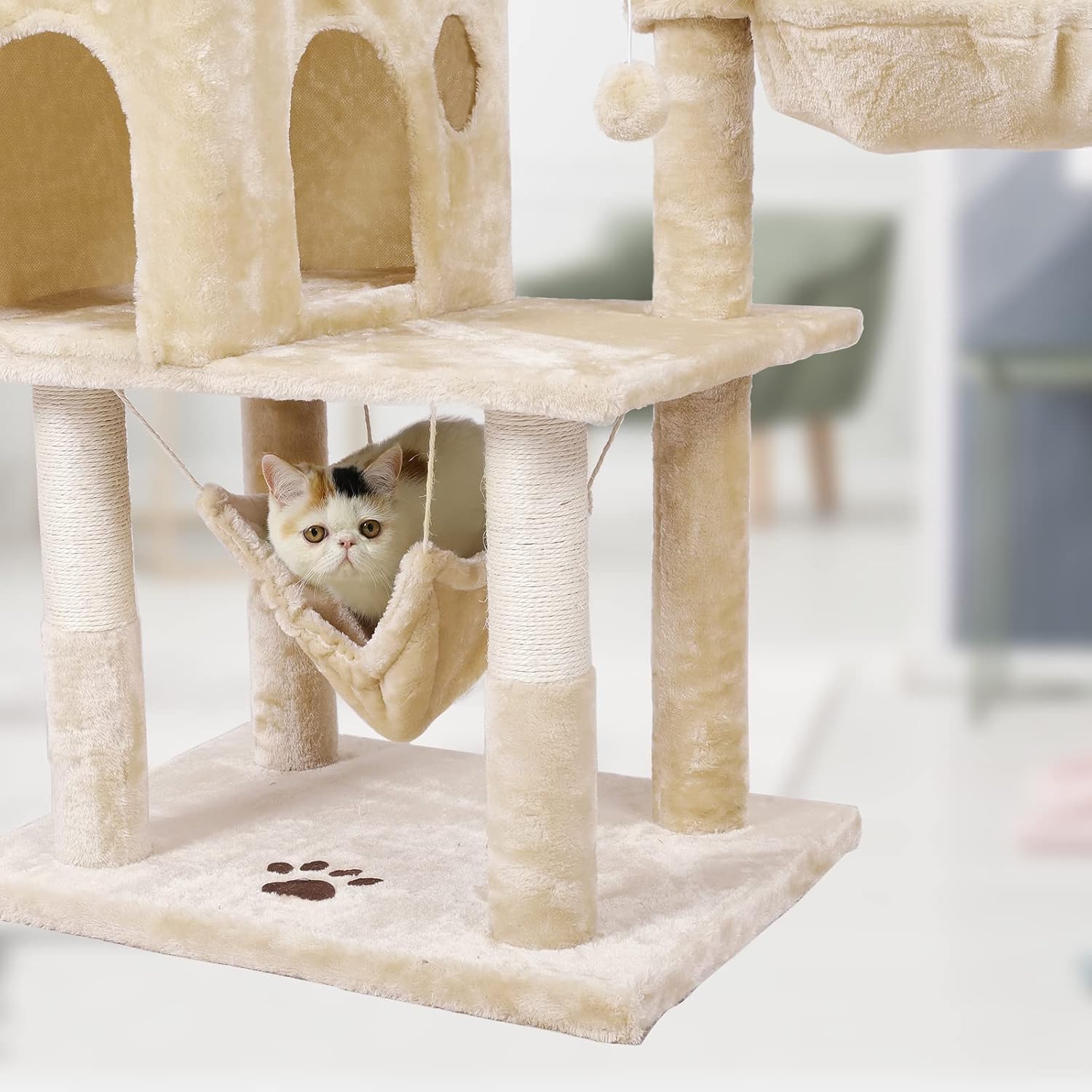 MSmask Cat Tree Tower, Multi-Level Cat Tree with 2 Large Condo, Activity Center with Scratching Post, Perch, Baskets, Hammock (23.6'' x 17.7'' x 68.1'', Beige)