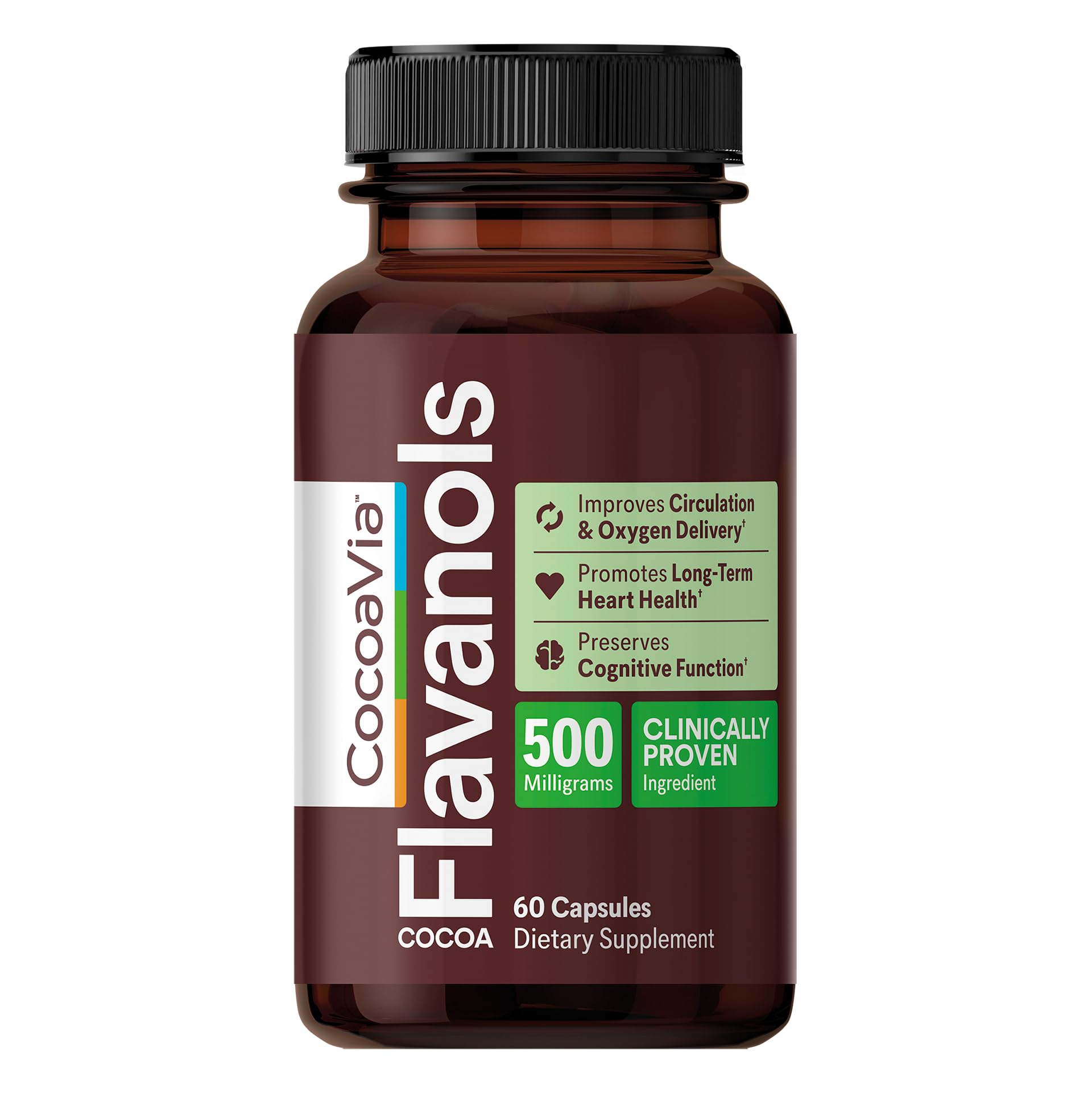 CocoaVia Heart & Brain Supplement, 30 Day, Cocoa Flavanol Extract, Memory & Circulation Booster, Nitric Oxide, Boost Oxygen & Energy, Plant Based, Gluten Free, Vegan, 60 Capsules
