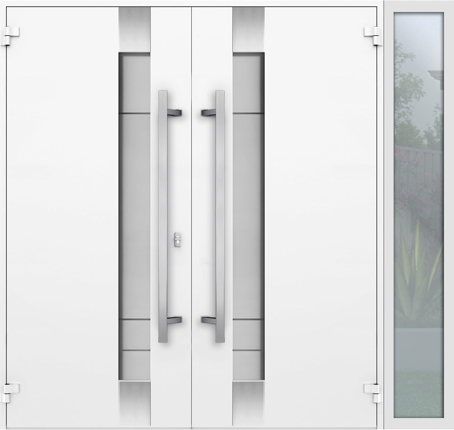 VDOMDOORS Front Exterior Prehung Metal Double Doors/Deux 1713 White Enamel Frosted Glass/Sidelite Exterior Black Window/Entry Modern Painted Right Inswing Active Door 86" x 80"
