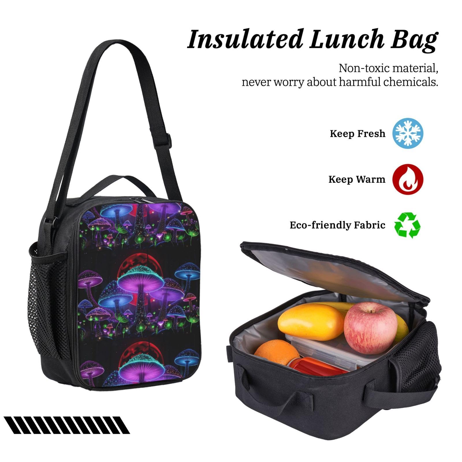 Zestaw plecaka z nadrukiem grzyba z torbą na lunch i piórnikiem | Minimalistyczny zestaw dla nastolatków, izolowana torba na artykuły pa, codzienne użytkowanie na zewnątrz