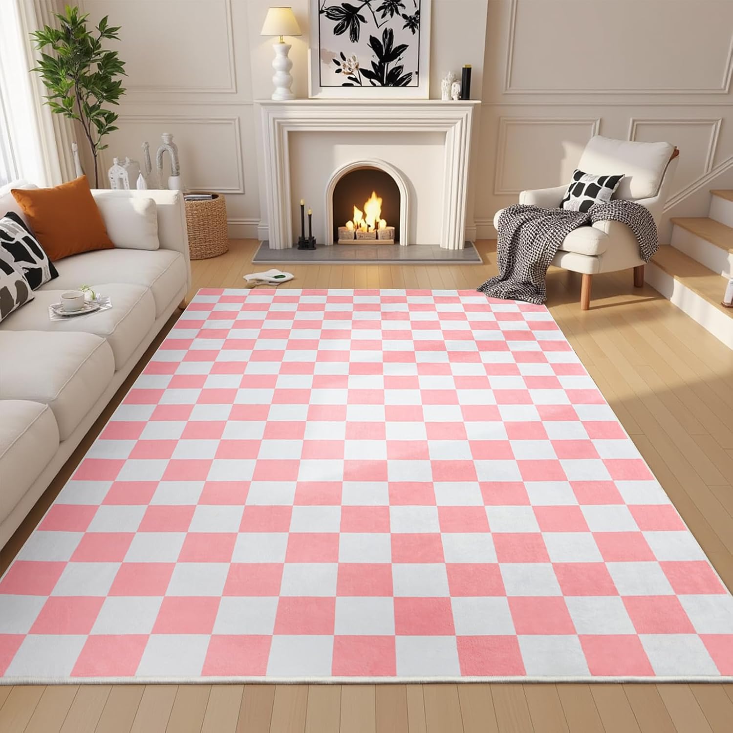 Terrug Pink and White Checkered Rug for Living Room Bedroom, 6x9 Soft Washable Area Rug with Non Slip, Low Pile Stain Resistance Carpet for Kids Room Entryway Kitchen Dorm