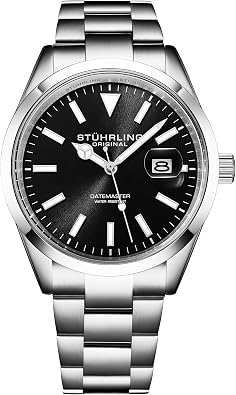 Stuhrling Original Datemaster Quartz Mens Watch 42mm Stainless Steel, Japanese Quartz, Luminous Hands, Brass Sunray Dial, Date Window, 100M Water Resistant, Classic Everyday Wear