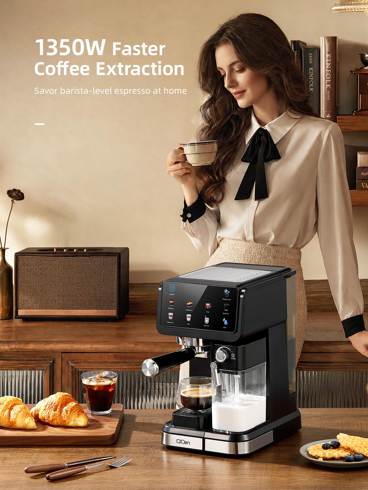 QCen Siebträgermaschine 20 Bar, 9-in-1 Espressomaschine mit Milchtank | 20 Bar Siebträgermaschine aus Edelstahl mit abnehmbarem Milchtank. 9 Automatikprogramme für Espresso, Cappuccino und Latte.