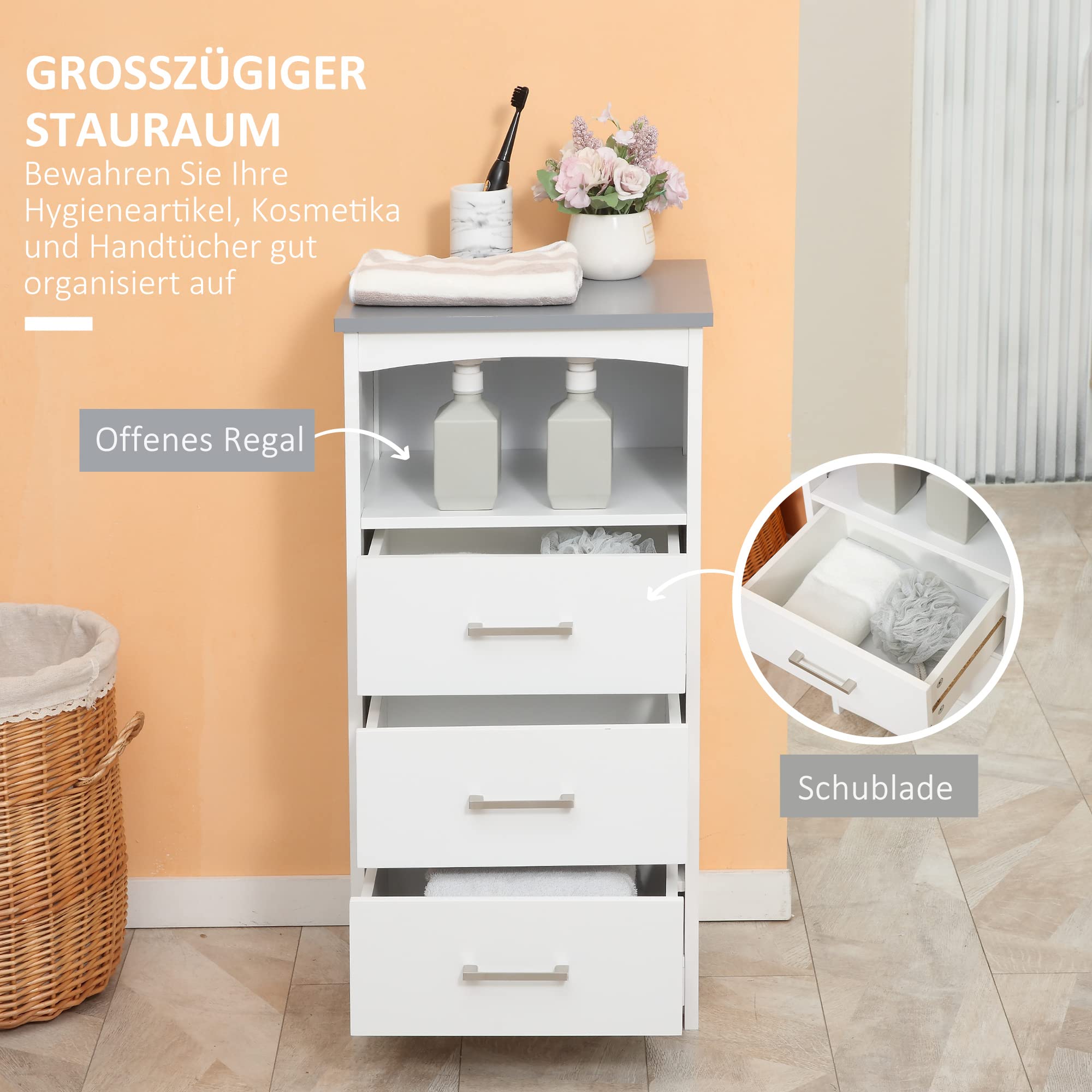 kleankin Badezimmerschrank Freistehender Badkommode Bademöbel Badschrank Schrank mit Schublade Weiß+Grau 40 x 33 x 80 cm
