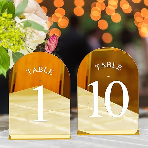 Miniatura 45 de JOYIT Números de mesa de boda de arco del 1 al 30 con soportes: letreros acrílicos impresos de doble cara de 5 x 7 pulgadas con fondo negro y texto