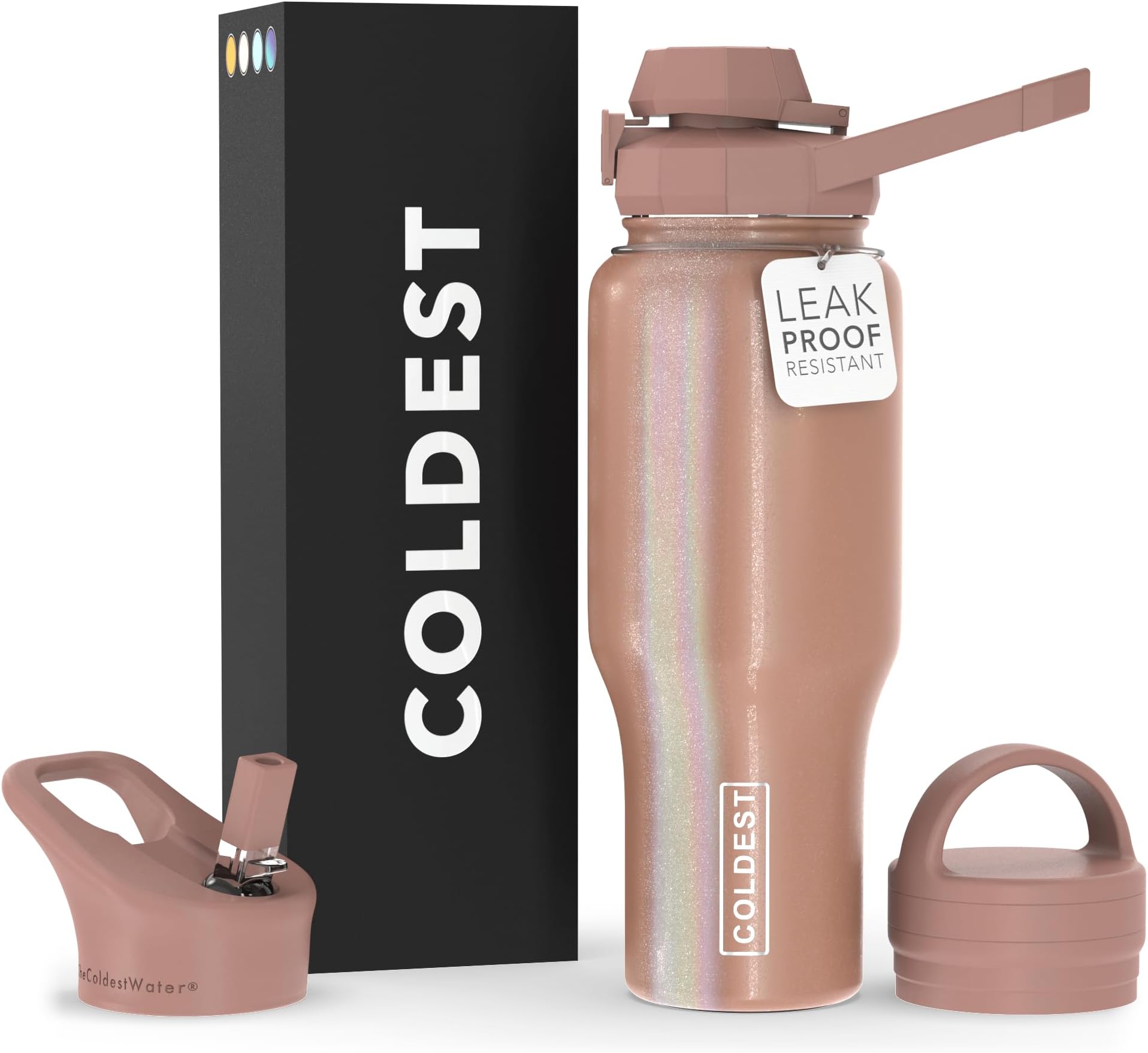 COLDEST Sports Water Bottle - 3 Lids (Chug Lid, Straw Lid, Handle Lid) Tumbler with Handle on Lid Water Bottles Cup Vacuum Insulated Stainless Steel, Fits Cirkul Lid (36 oz, Golden Rose Glitter)