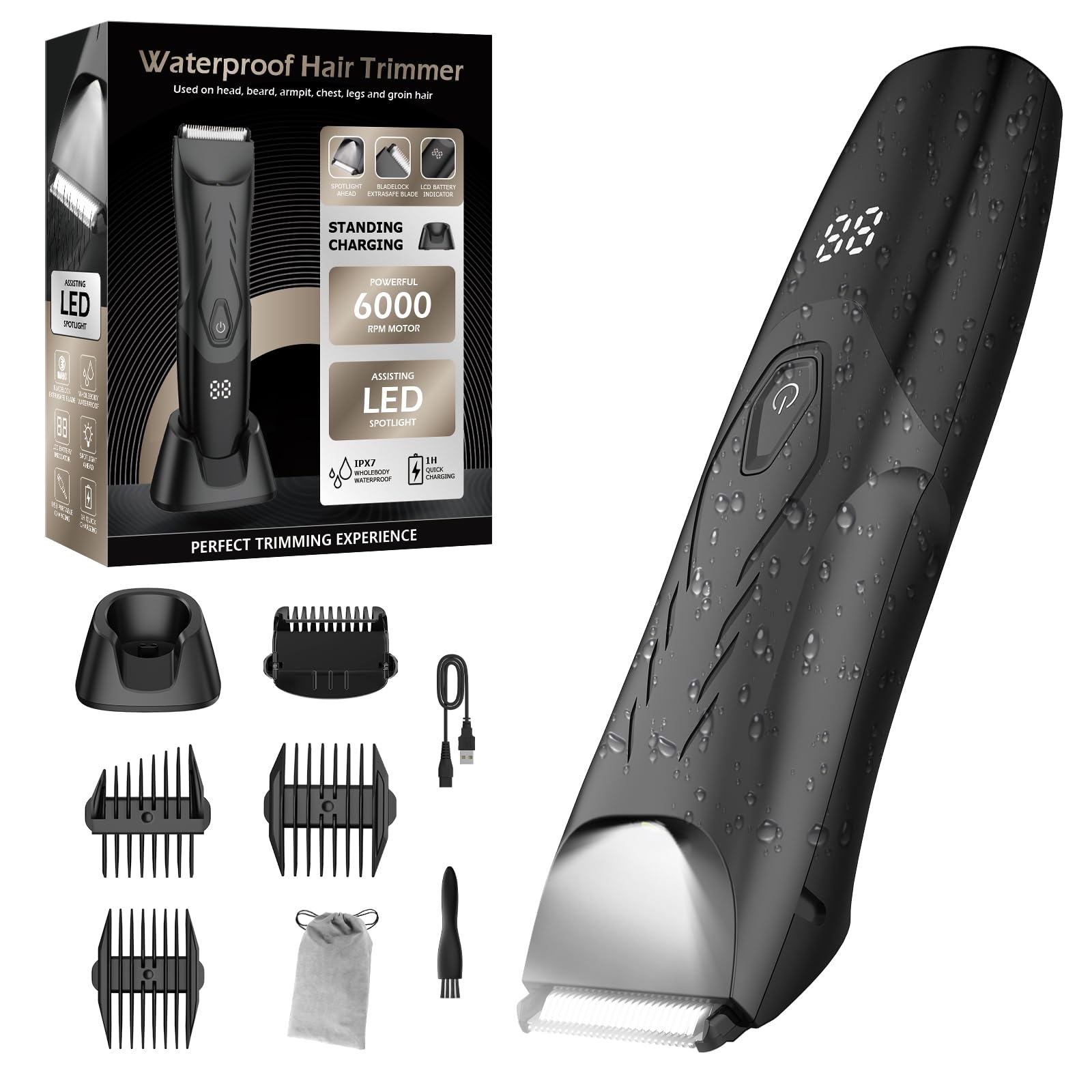 Favrison Pubic Body Hair Trimmer Men, All in One Hair Clippers Ball Trimmer with Ceramic Blade, Waterproof Groin Hair Trimmer Body Groomer w/Light, Recharge Dock & LED Display