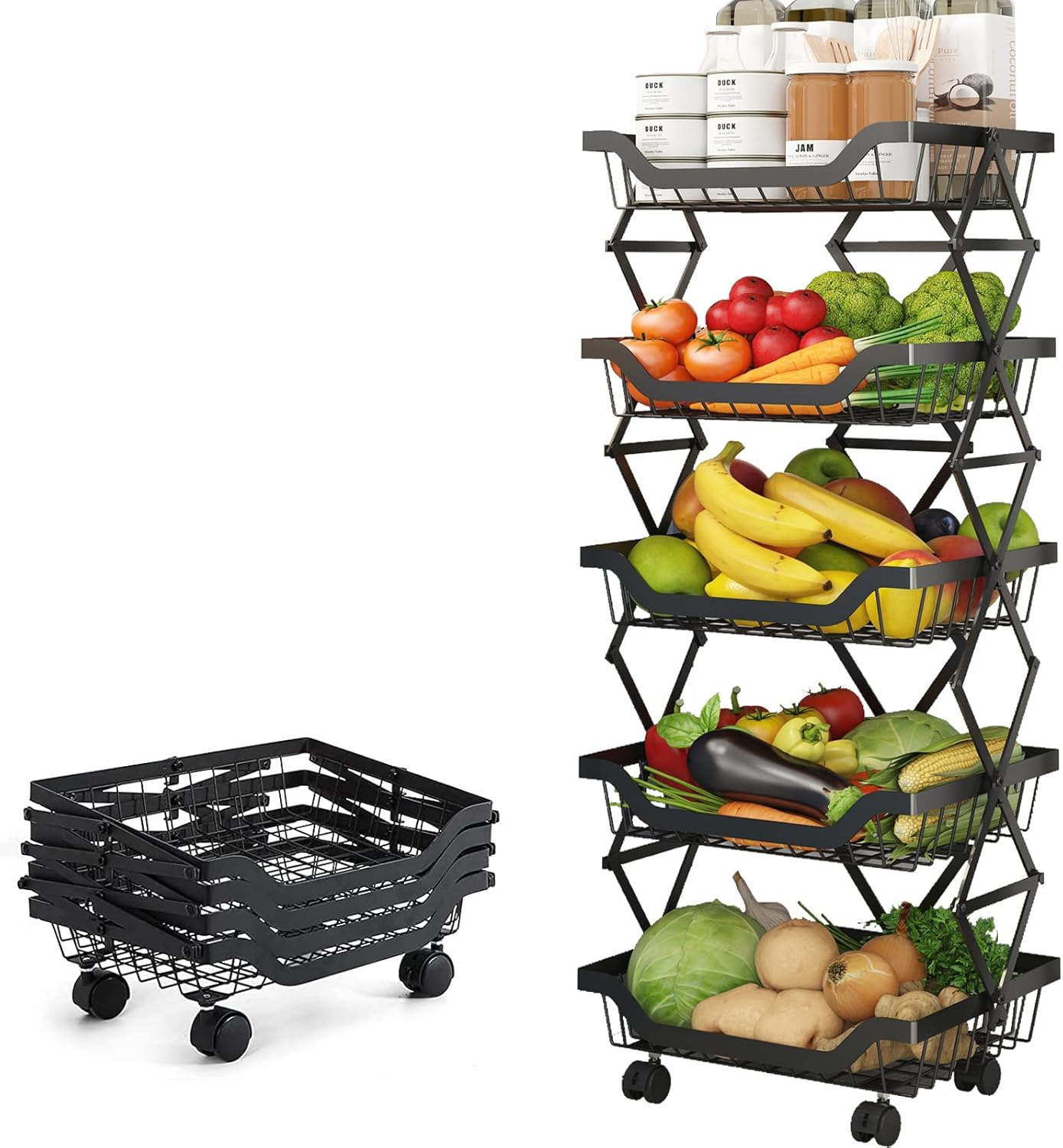 Baskets Rack Kitchen Pantry Storage Organizer Cart No Assembly Need 5 Tiers Foldable Utility Metal Cart Collapsing Fruit Vegetable Baskets Cart with Wheels