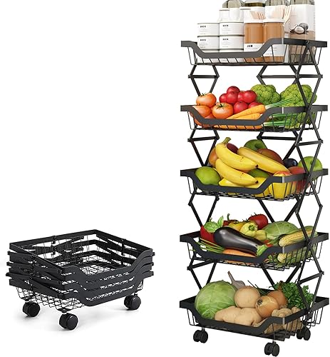 Miniatura 8 de Cestas de cocina, despensa, organizador de almacenamiento, sin necesidad de montaje, 4 niveles, plegable, de metal, plegable, cesta de frutas y