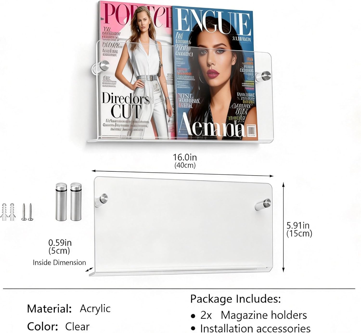 2-Pack Acrylic Magazine Holder Wall Mounted - Clear Wall Shelf Organizer for Books, Brochures, Mail, Office, Home, Living Room, Waiting Room Storage