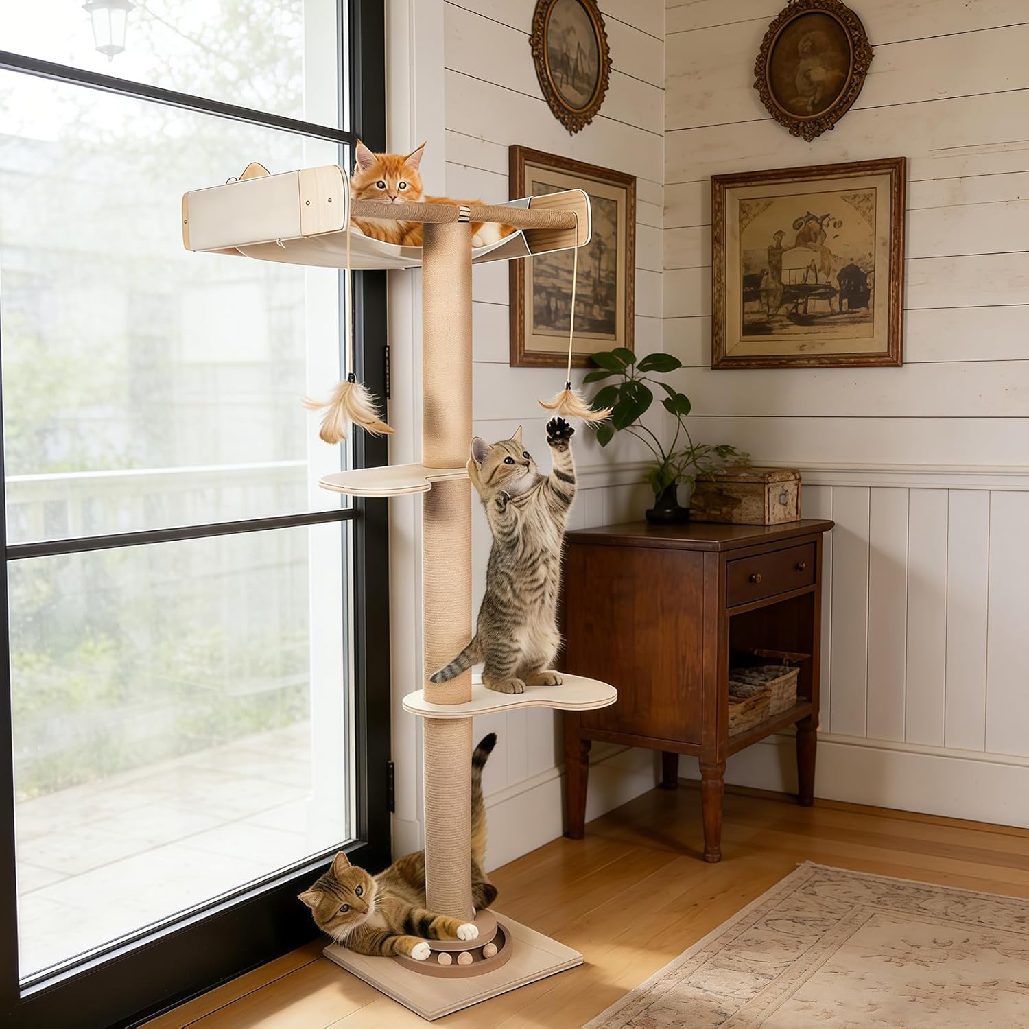 Cat Window Hammock 48" Adjustable Scratching Posts, Multi-Level Window Mounted Cat Tree with Natural Sisal and Track Toys for Large Cats, Climbing, Sunbathing & Bird Watching (Drill-Free)