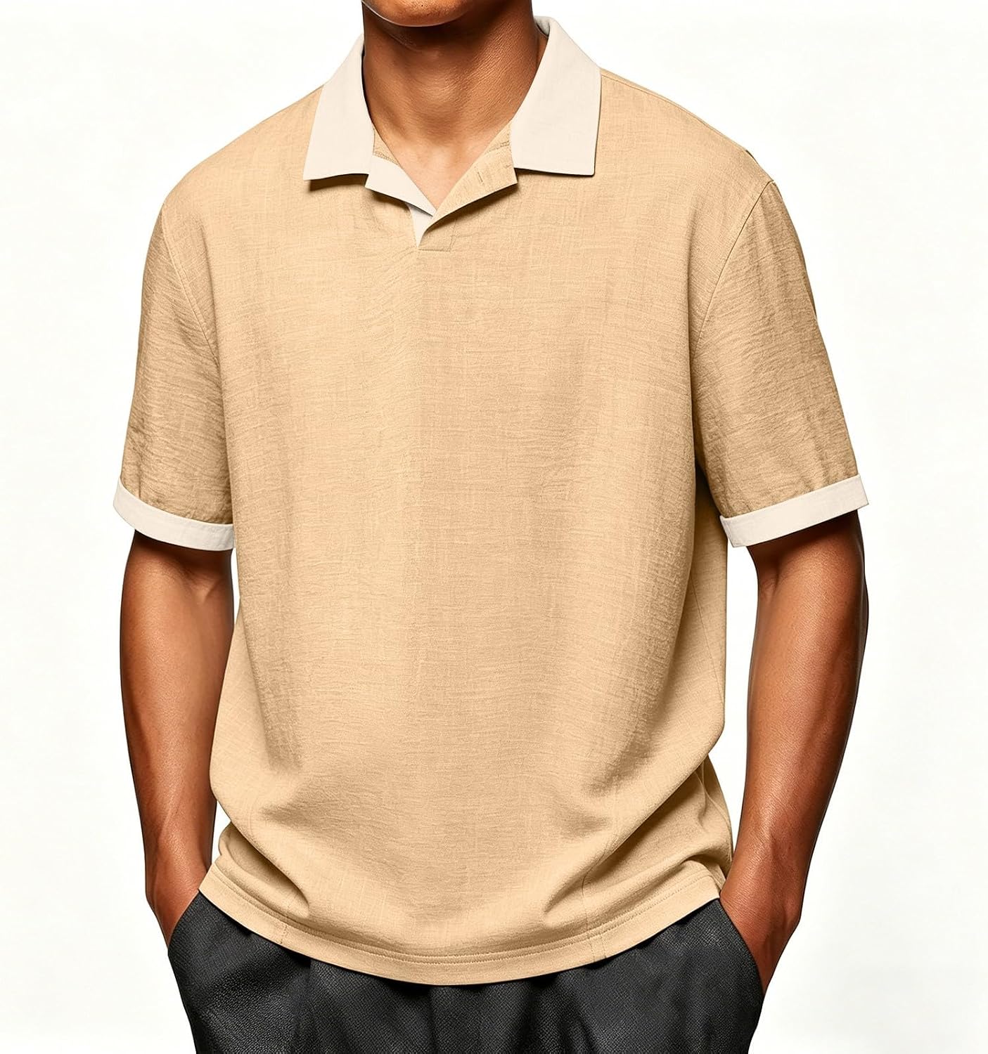 Men's Contrast Collar Golf Shirts Short Sleeve Casual Shirt Textured Fabric V Neck Tops for Business Casual