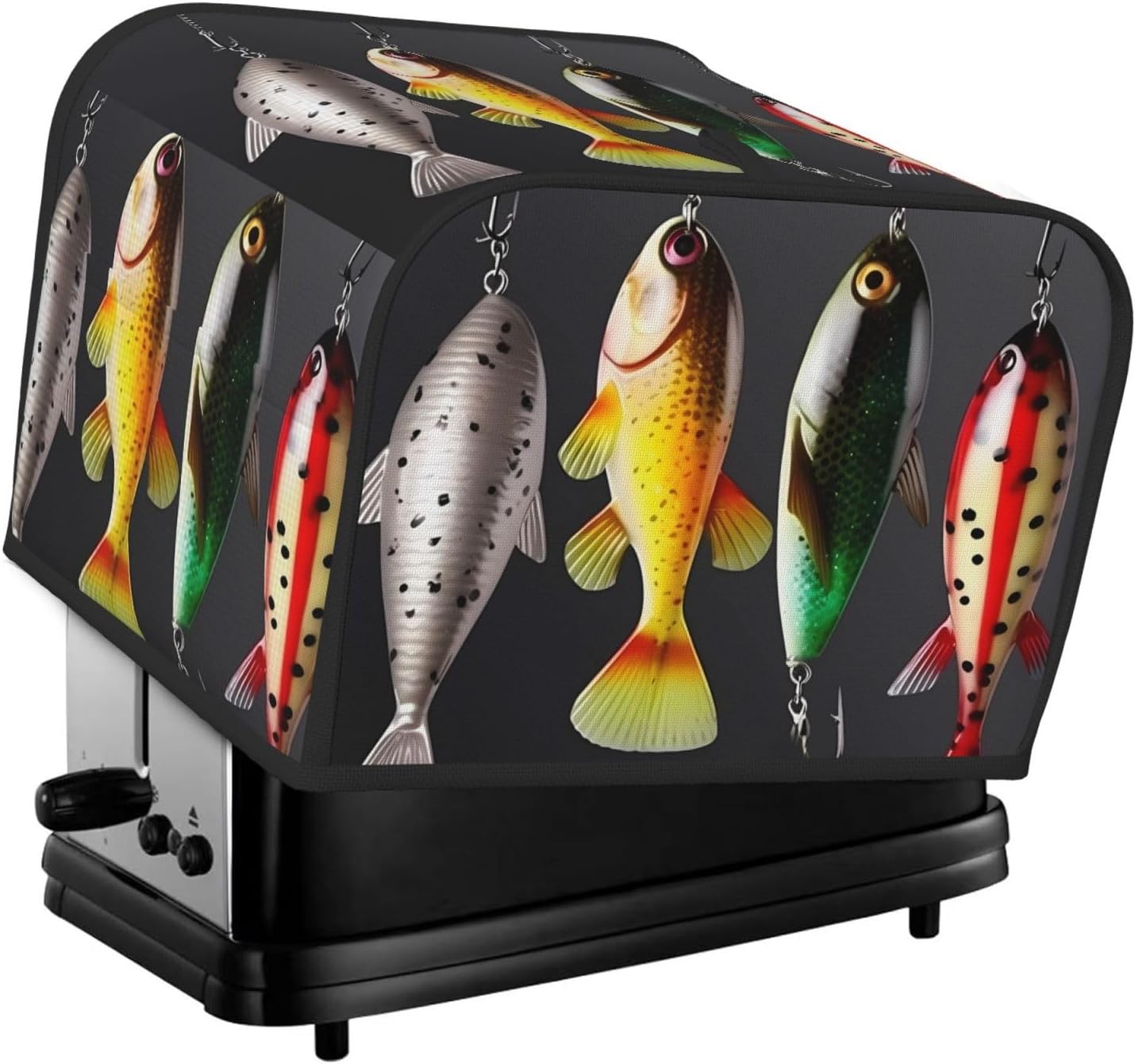 Various Type of Fishing Baits Toaster Cover 4 slice Kitchen Small Appliance Covers with Pockets Toaster Dust Cover with Top Handle Oven Cover Washable Universal Bread Maker Cover for Kitchen