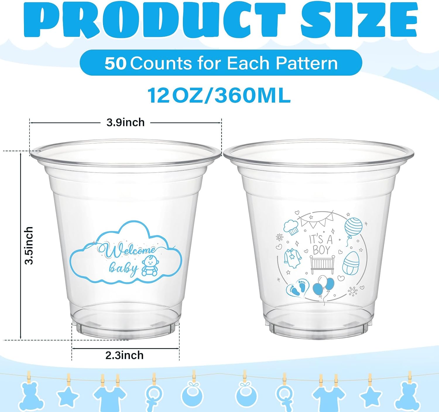 Tioncy 100 Pcs Baby Shower Plastic Cups 12oz Clear Disposable Drinking Cups It's A Boy Blue Baby Shower Gender Reveal Party Supplies Bulk for Birthday Party Decorations