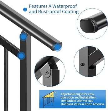 Upgrade 2 in 1 Stair Handrail&Horizontal Railing, Adjustable 4 Step Stair Railing Kit, Black Wrought Iron Handrails for Outdoor Steps,Concrete,Wood, Deck and Porch Hand Rails, with Installation Kits