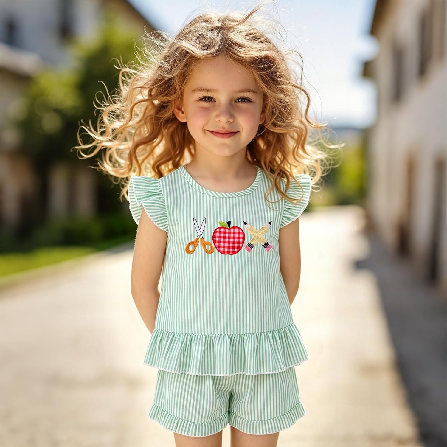 IZYJOY Toddler Girls Back to School Outfit Kid First Day of School Set Cute Ruffle Sleeve Striped Shirt Shorts Summer Clothes