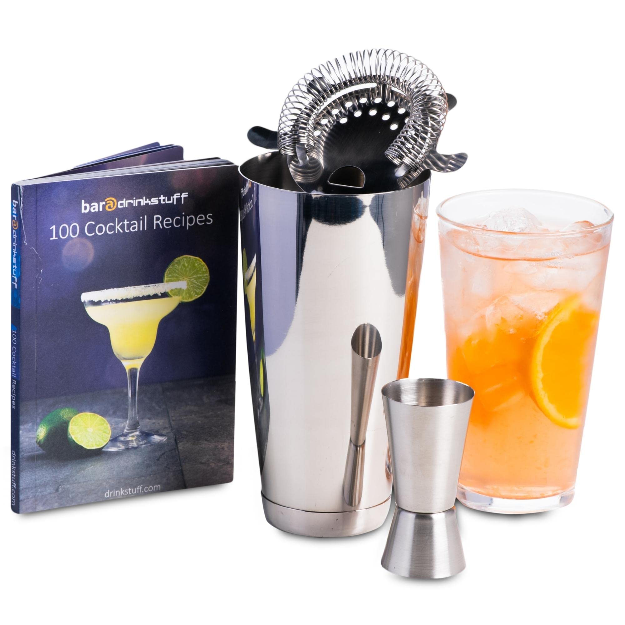 bar@drinkstuff Basic Cocktail Shaker Set with Cocktail Book Cocktail Set with Professional Boston Cocktail Shaker Tin & Glass, Jigger Measure & Hawthorne Cocktail Strainer - Affordable Gift Set