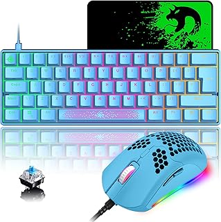 Mechanical Mini RGB Gaming Keyboard and Mouse Combo with Compact 62Key Layout Rainbow Backlight Anti-ghosting 6400DPI Honeycomb Mice Type-C Wired for PC Mac Gamer Laptop Typists DIY(Blue/Blue Switch)