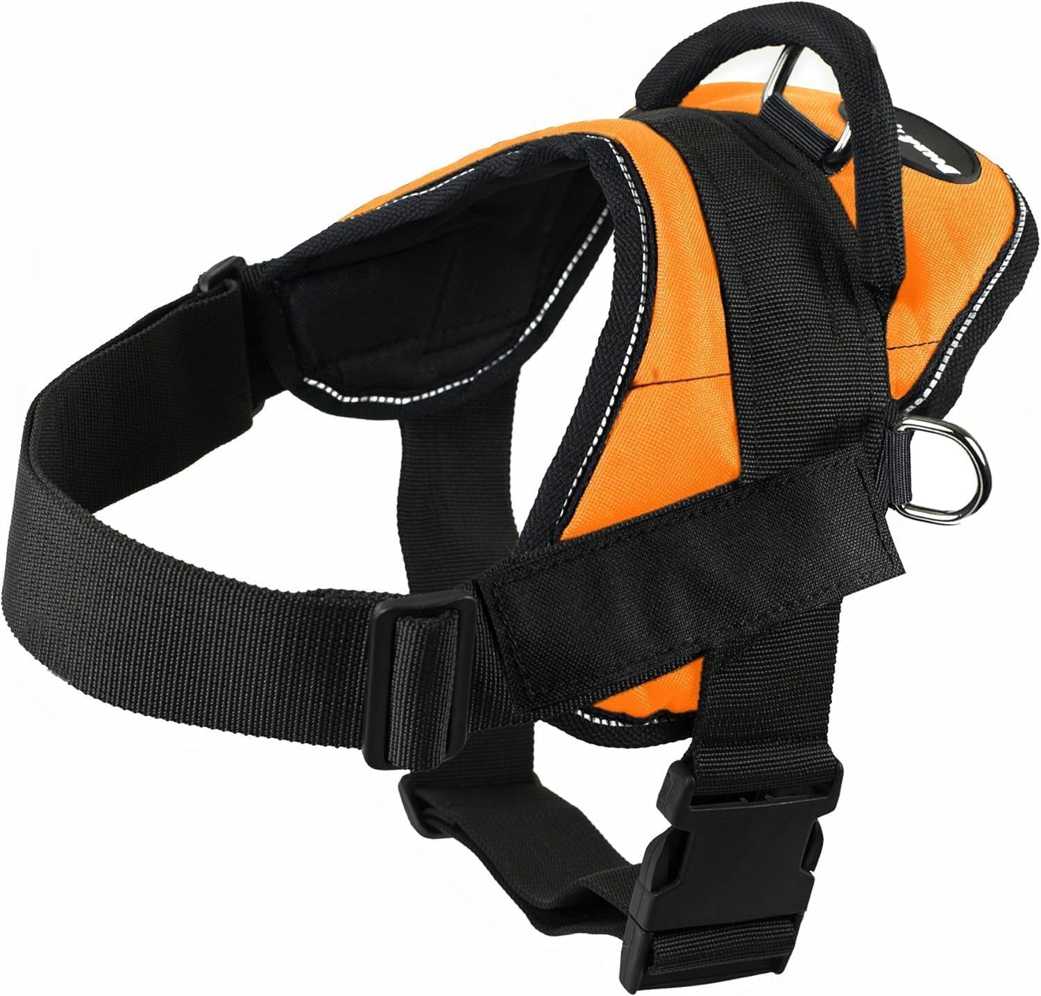 Dean & Tyler DT Arnés de neopreno naranja para perro con asa y ribete reflectante (negro, circunferencia de 22 a 27 pulgadas (S))
