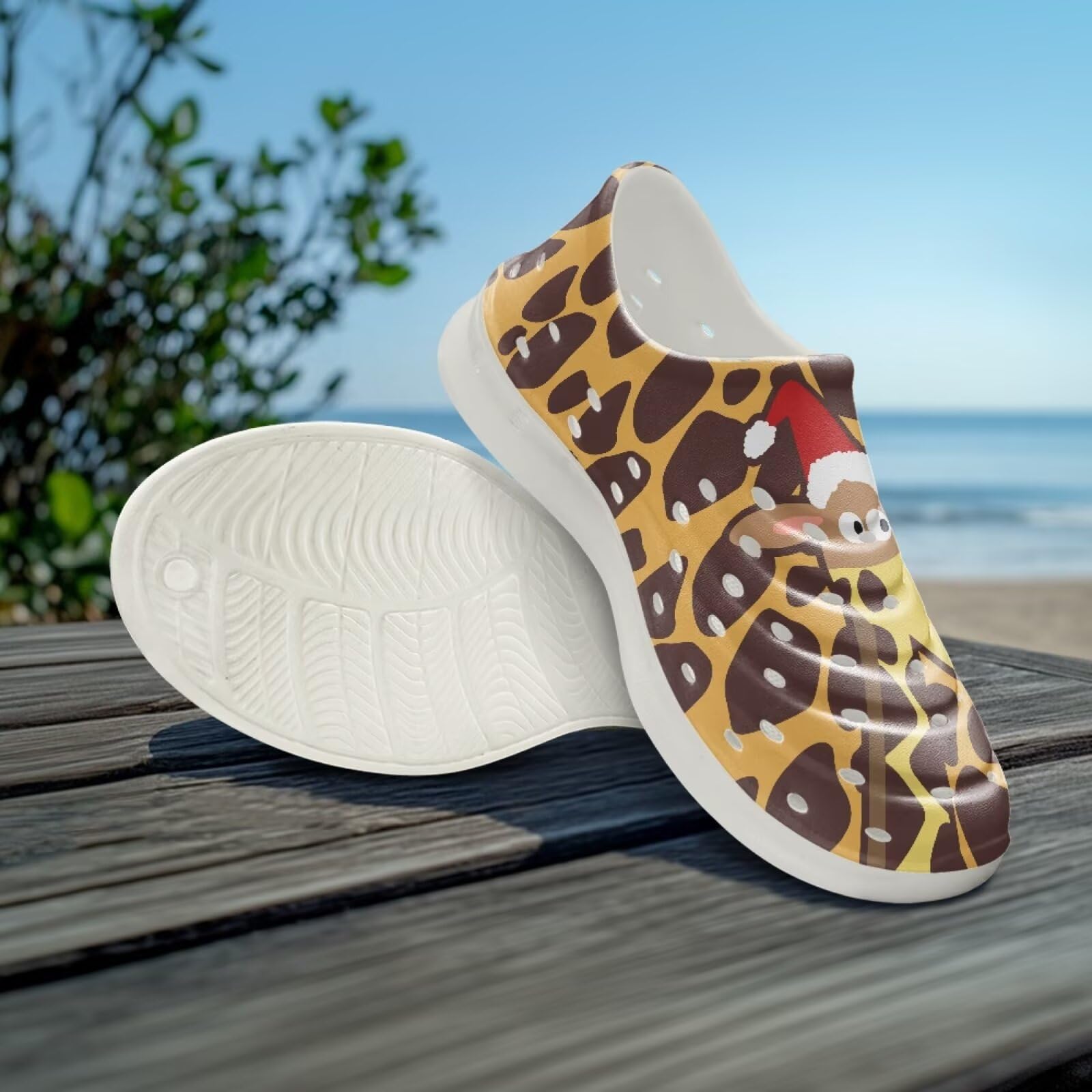Watdotory Cartoon Christmas Giraffe Print Slides for Kids Shower Slippers Bathroom Pool Sandals Boys Girls Comfy EVA Sole Summer Non-Slip Beach Shoes