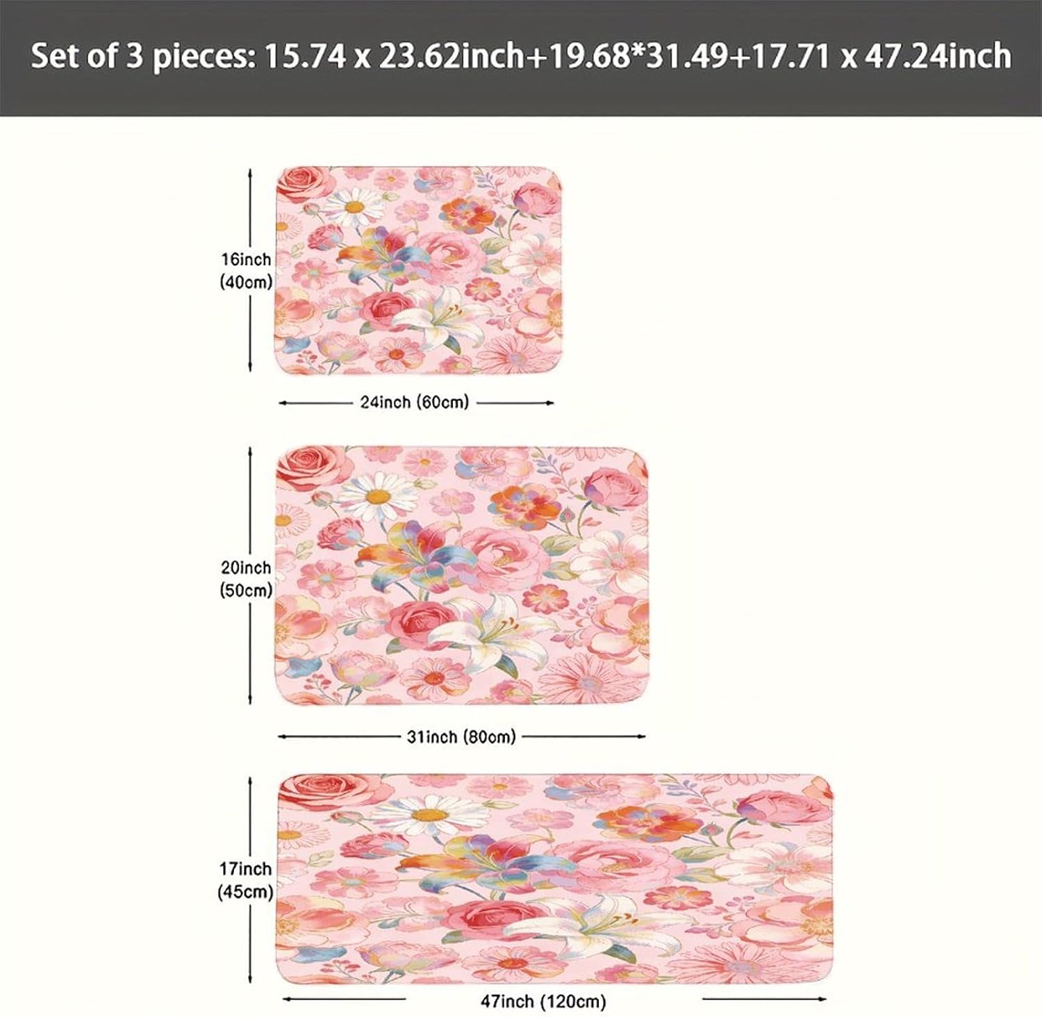Pink Pastel Multi-Color Floral Print Kitchen Mats Soft Absorbent Rugs for Floor Non Slip Washable Kitchen Mats Fashion Rectangular Rugs for Three-Piece Set for Laundry Office Home Sink