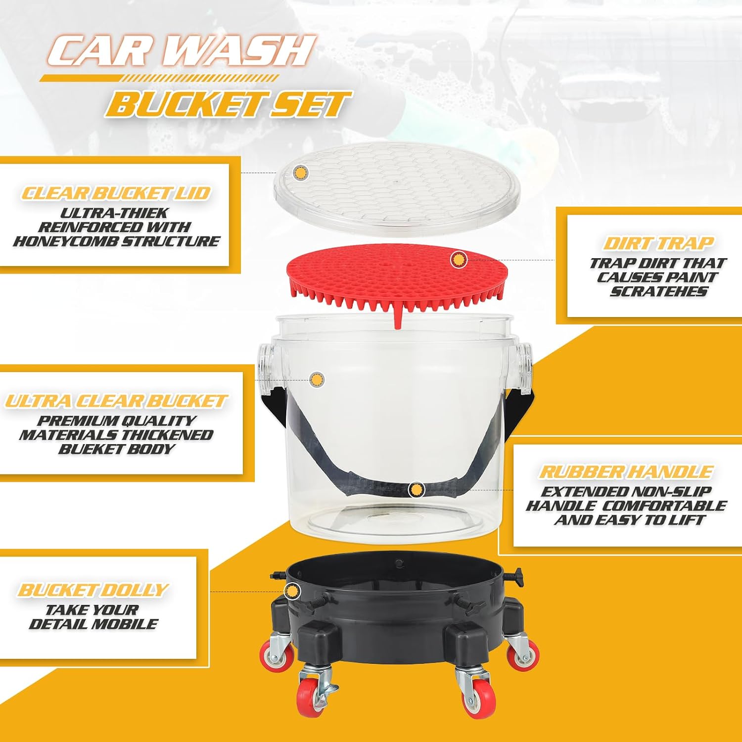 Magshion Bucket Dolly for Car Washing and Detailing, Rolling Car Wash Bucket with Swivel Caster and Dirt Trap for Home Garage, Load up to 300 Lbs (Clear)