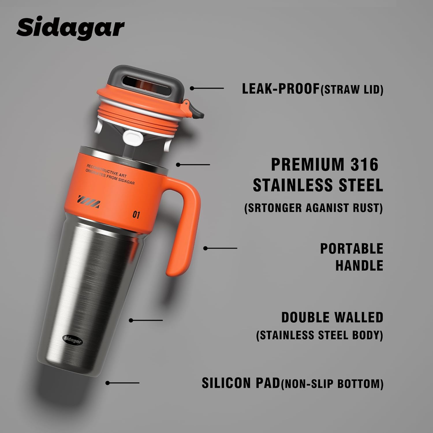 32 oz Stainless Steel Insulated Water Bottle with Handle for Men, Sports Tumbler with Lid, Push-button Leak-proof Travel Cup, Gaming Desk Hydration, Fits in Car Cup Holder - Dynamic Orange - Image 9