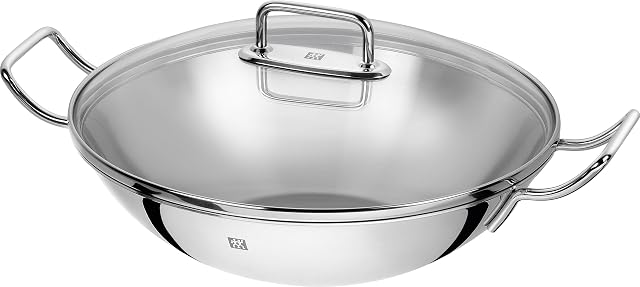 ZWILLING Wok, ze szklaną pokrywką i wyjmowaną wkładką kratkową, nadaje się Do płyt indukcyjnych, 32 cm, stal nierdzewna, Plus