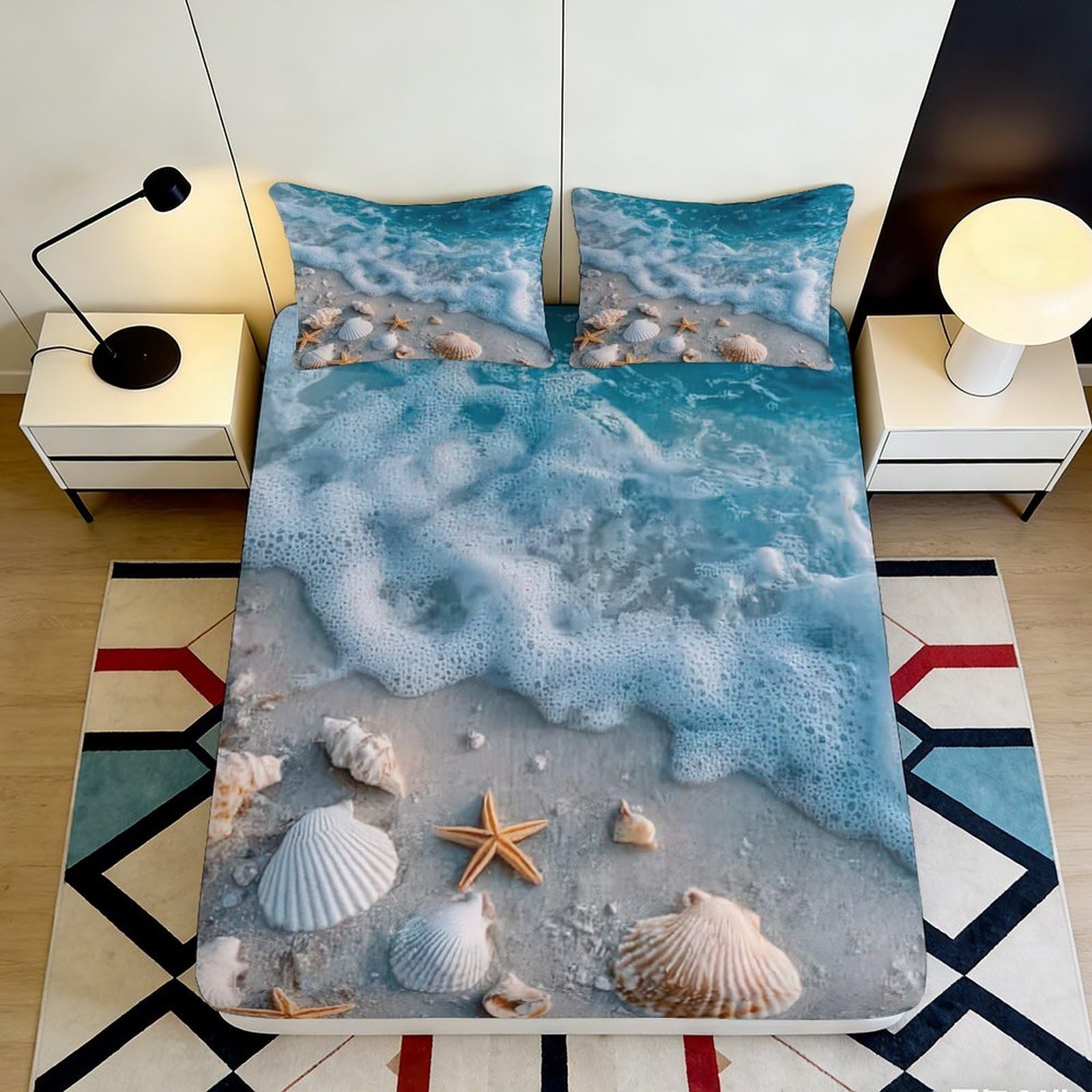 3D Printed Ocean Beach Fitted Sheet Microfiber Anti-Slip Starfish Seashell Mattress Cover for Bedroom Guest Room Easy Care 160x200x25cm