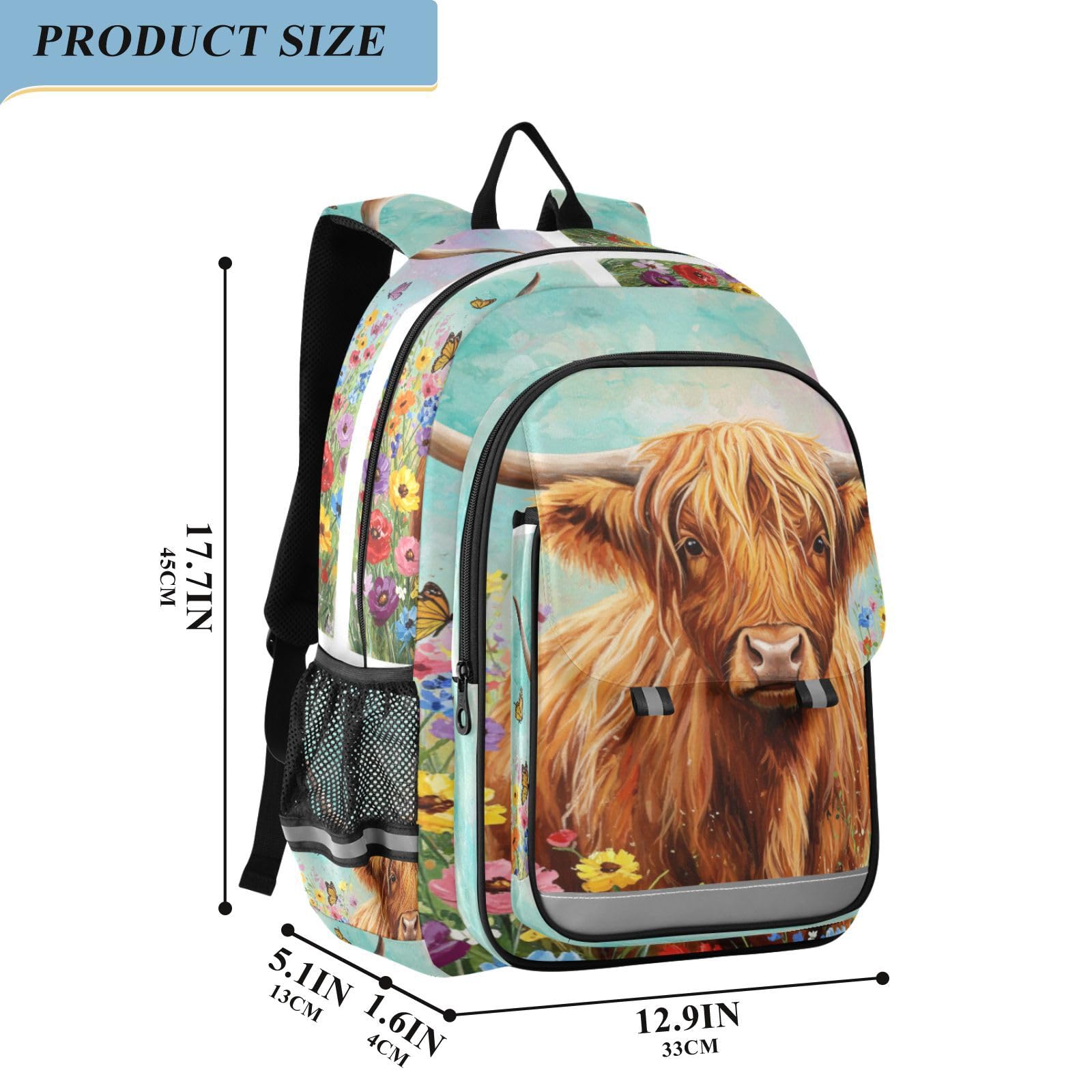 Mnsruu Sac à dos pour ordinateur portable 15,6" Motif vache Highland Flower Cartable pour adolescentes et filles Sac à dos de voyage léger pour le travail universitaire 45 x 33 x 17 cm